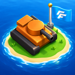 FlagFall app icon: an orange tank on an island beside the custom FF flag