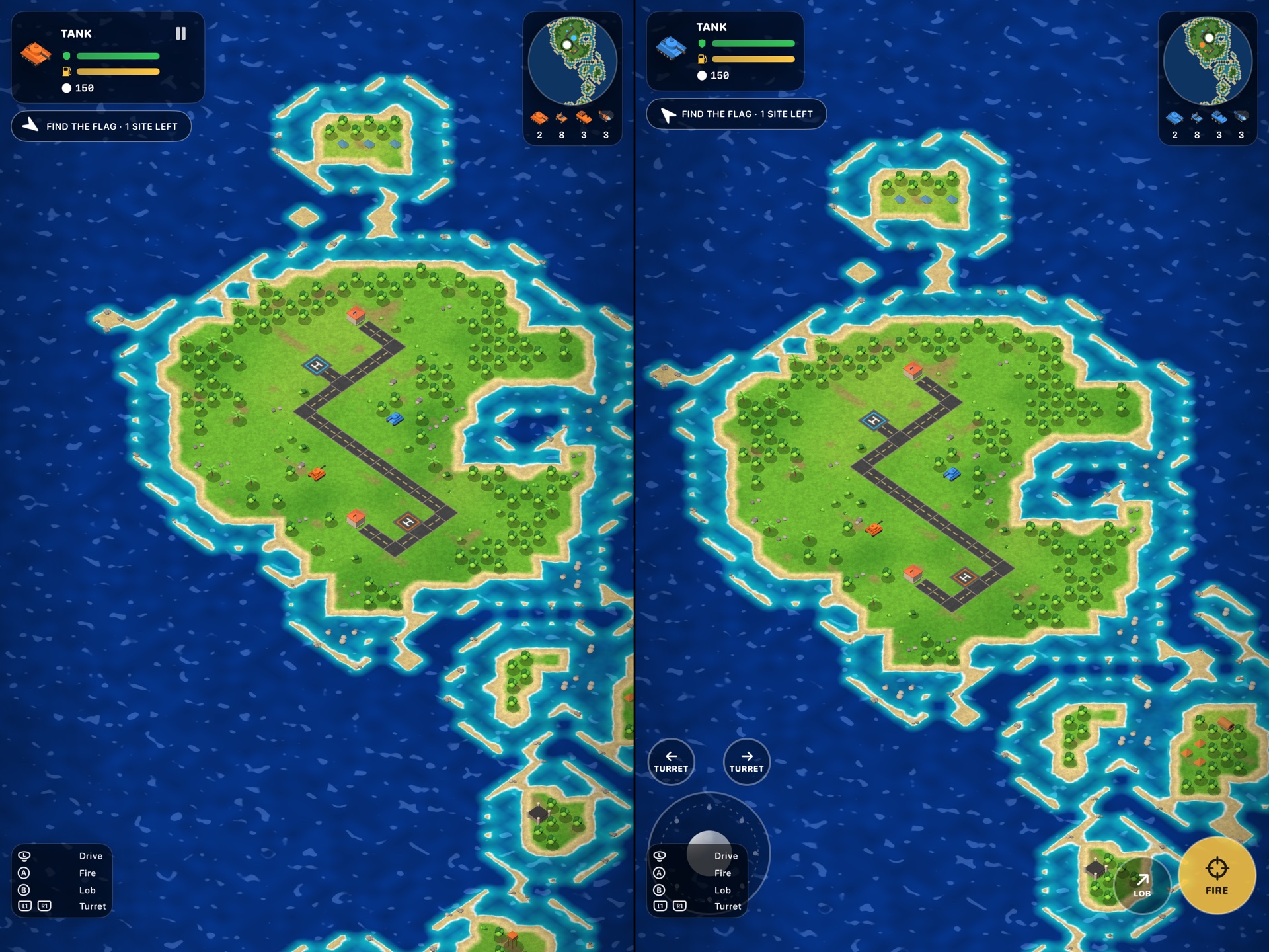 FlagFall local two-player split-screen captured in an iPad simulator